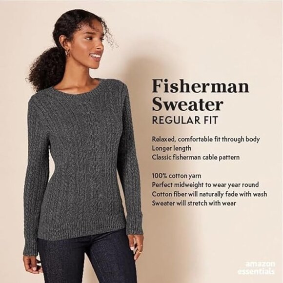 Amazon Essentials Plus Size 6X Sweater Fisherman Cable Knit Charcoal Gray - Picture 3 of 8